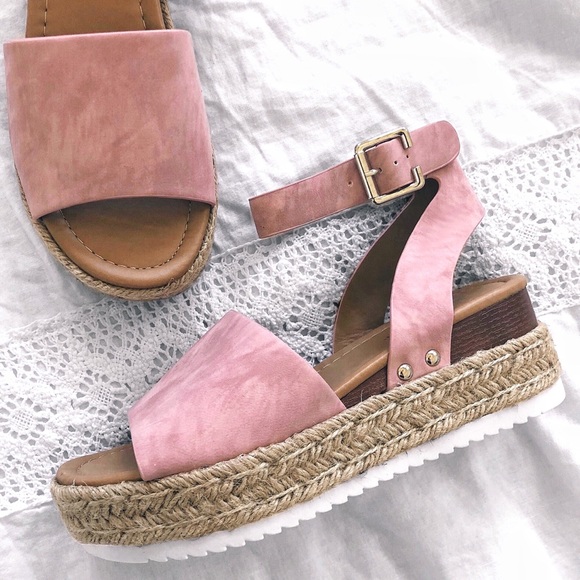 Shoes - Dusty Pink Flatform Ankle Strap Espadrille Sandals